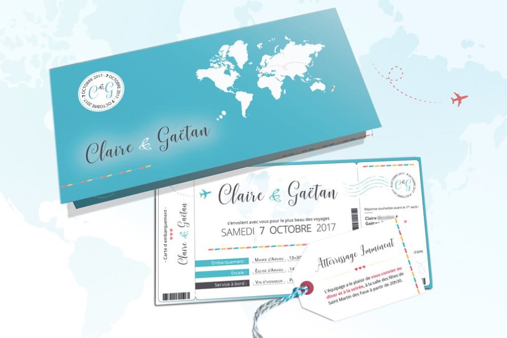 Faire-part et Menus de mariage originaux (thème Voyage)
